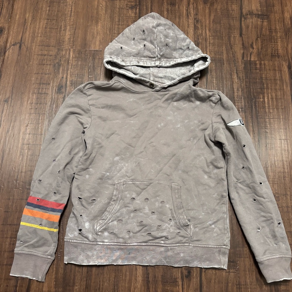 Butter Gray Distressed Hoodie with Striped Sleeve Unisex kids M